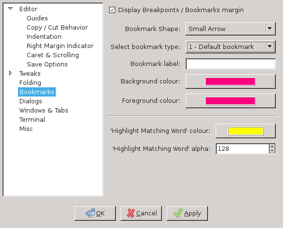 The Bookmark Settings page