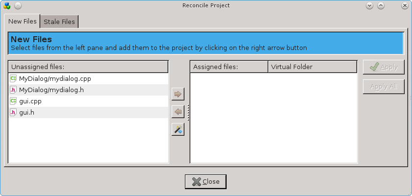 The New Files section of the ReconcileProject dialog