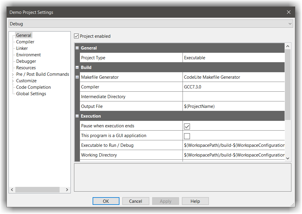 project settings dialogue