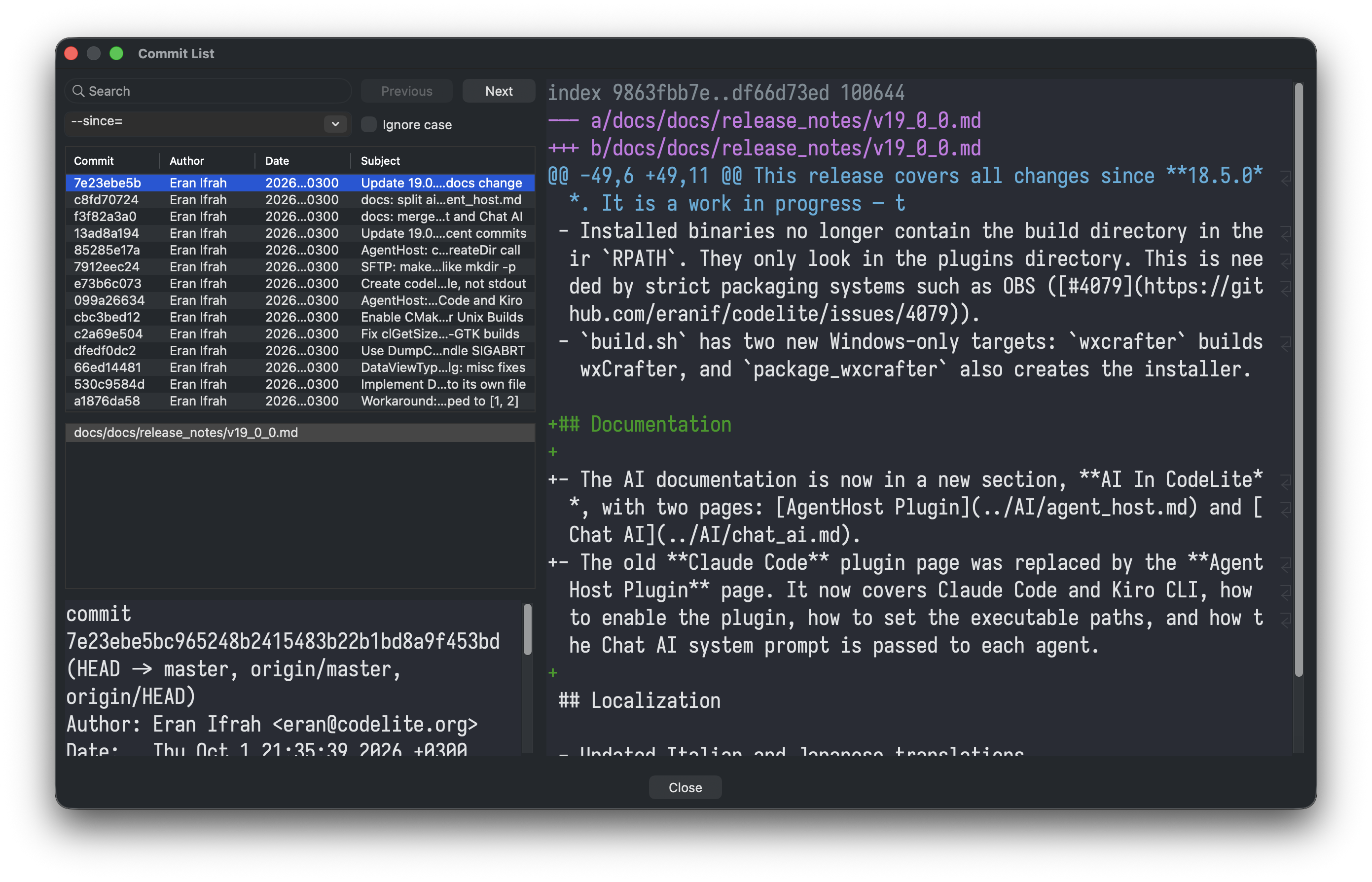 CodeLite - Git commit list